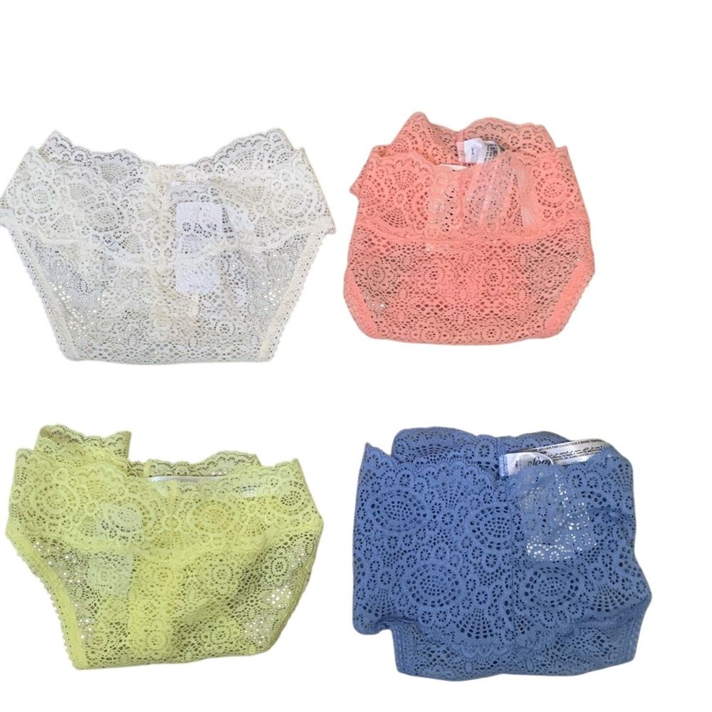 New Soma Thong Panties Womens XL Lace Sexy 4 Pack Blue Yellow White & Coral